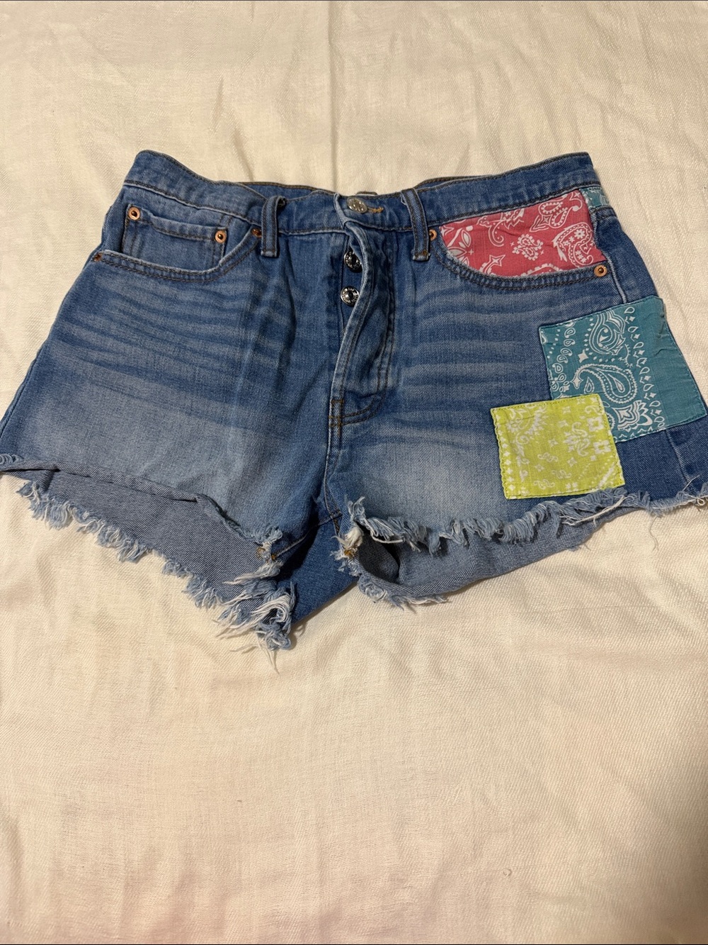 Jessica Simpson Denim Cutoff Shorts with Pink, Teal & Lime Bandana Patches